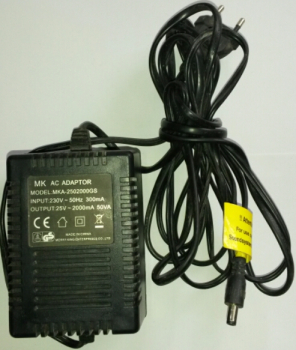 MK AC ADAPTOR   MKA-2502000GS  INPUT: 230V 50Hz 300mA  OUTPUT: 25V 2000mA