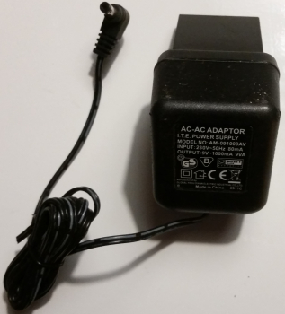 AC-AC ADAPTOR I.T.E. POWER SUPPLY MODEL NO:AM-091000AV INPUT:230V 50Hz 80mA OUTPUT:9V 100mA 9VA