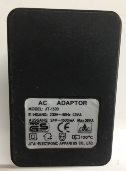 AC ADAPTOR JT-1500  IN:230V 50Hz 43VA OUT:24V 1500mA Max 36VA