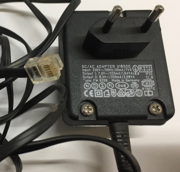 AC ADAPTER 318500 IN:230V/50Hz/30mA/7VA Out:7.3V/225mA/1.64VA 8.3V/250mA/2.08VA