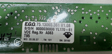 EH95S501/08  980.107-03 EGO 75.13065.361 V1.08 – Anzeige- / Steuerplatine für Induktionskochfeld (Bosch / Siemens / Neff / Gaggenau)