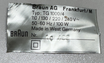 Original Nameplate for Braun TG 1000/4 – Made in West Germany