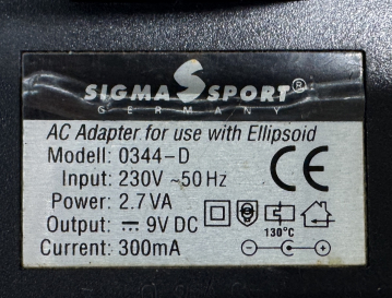 Sigma Sport 0344-D 230V 50Hz 2.7VA 9V DC 300mA AC Adaptor
