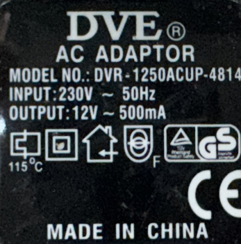 DVE AC Adaptor DVR-1250ACUP-4814 230V 50Hz 12V 500mA