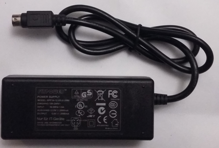 FLYPOWER POWER SUPPLY MODEL:SPP34-12.0/5.0-2000 EINGANG:100-240V INPUT 50-60Hz 1.0A AUSGANG:12.0V 2000mA OUTPUT 5.0V 2000mA