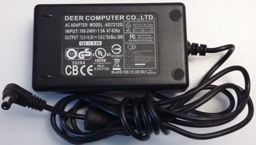 AC ADAPTER MODEL: AD7212G INPUT:100-240V 1.5A 47-63Hz OUTPUT: 12.0-14.5V 5.0-2.75Max. 60W  12V-5.0A