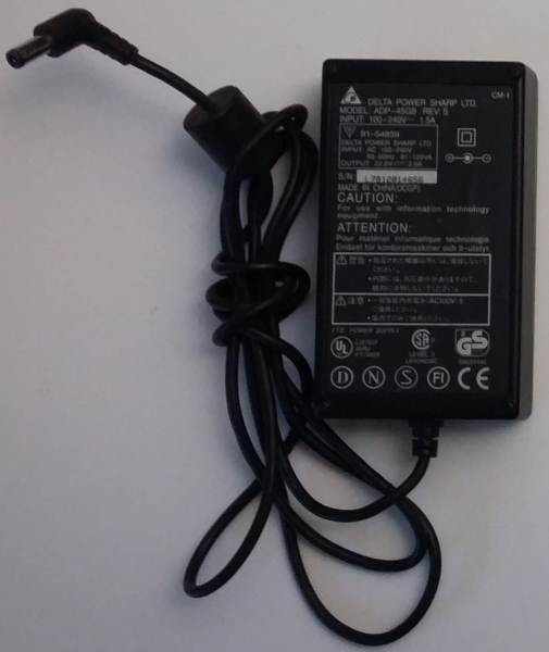 91-54859 DELTA POWER SHARP LTD.  MODEL: ADP-45GB REV:S  INPUT:AC 100-240V 50-60Hz 81-125VA OUTPUT: 22.5V 2.0A