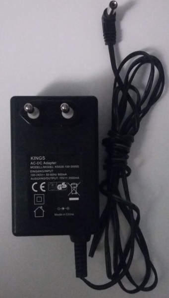 KINGS AC-DC Adapter MODELL/KSS35-150-2000G INPUT:100-240V 50-60Hz 900mA OUTPUT: 15V 2000mA