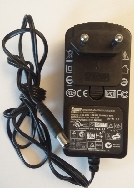 SWITCHING  ADAPTER MODEL:SYS1357-2412 INPUT: 100-240V 1.0A MAX 50-60Hz OUTPUT:+12V 2.0A OUTPUT POWER: 24W MAX