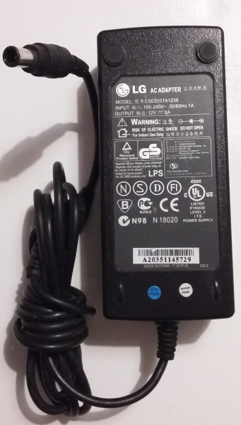 LG AC ADAPTER MODEL: LSE0107A1236 INPUT: 100-240V 50/60Hz 1A OUTPUT: 12V 3A