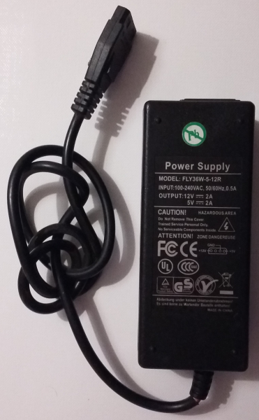 Power Supply MODEL:FLY36W-5-12R INPUT:100-240VAC, 50/60Hz, 0.5A OUTPUT: 12V 2A 5V  2A