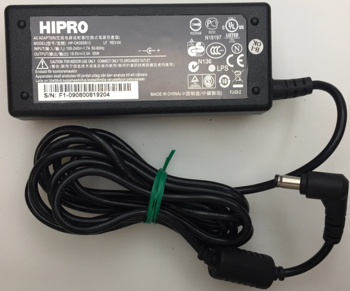 HIPRO HP-OK065B13  INPUT:100-240V 1.7A 50-60Hz OUTPUT: 18.5V--3.5A. 65W AC Adapter