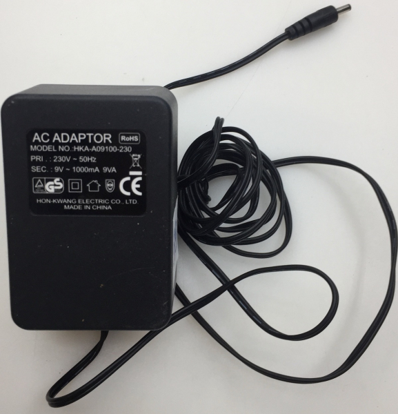 MODEL: HKA-A09100-230 INPUT: 230V 50Hz  OUTPUT: 9V 100mA 9VA AC ADAPTOR
