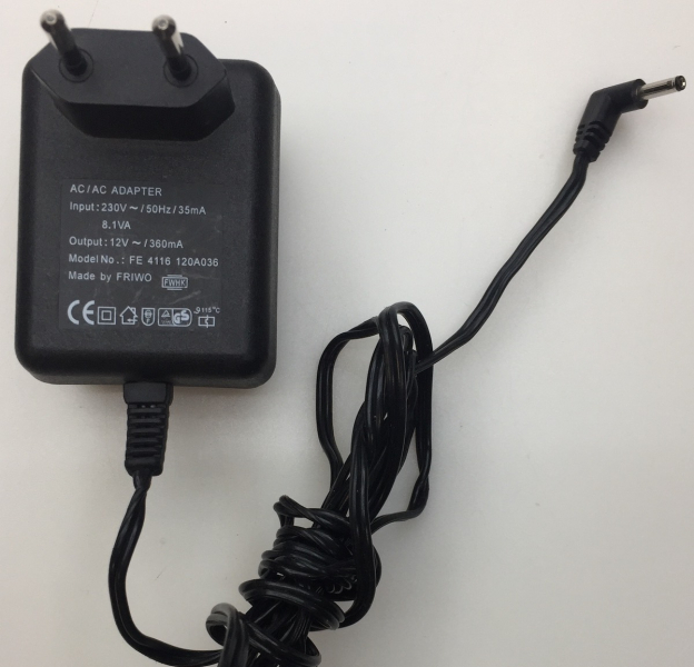 FE4116 120A036  INPUT:230V 50Hz 35mA 8.1VA  OUTPUT: 12V 360mA AC ADAPTER