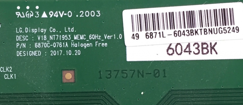 KD-49XG8096 V18_NT71953_MEMC_60Hz_Ver1.0 6871L-6043BK 6870C-0761A T-Con