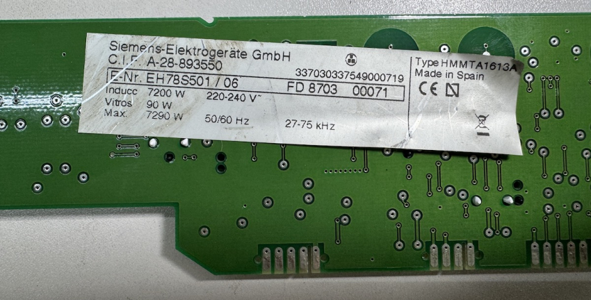 EH78S501/06 Siemens E.G.O 75.13064.343 V1.08 980.106-03 Control Panel Board for Siemens / Bosch Induction Hob