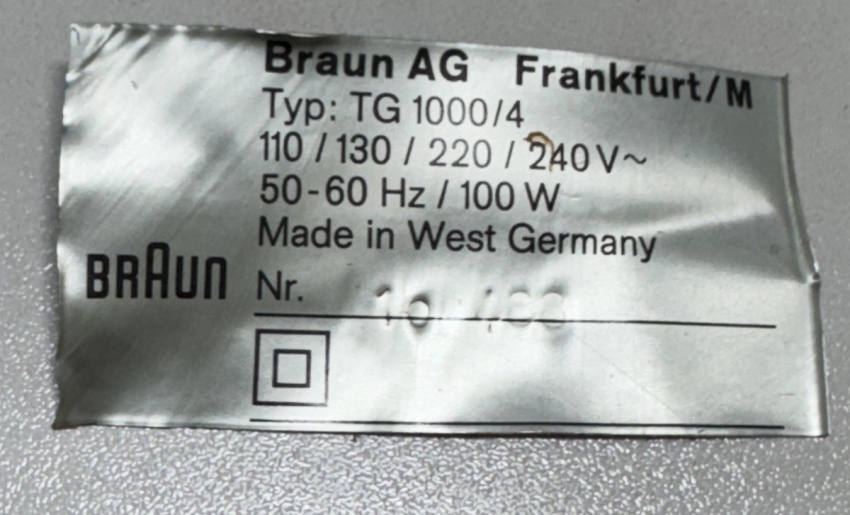 Original Nameplate for Braun TG 1000/4 – Made in West Germany