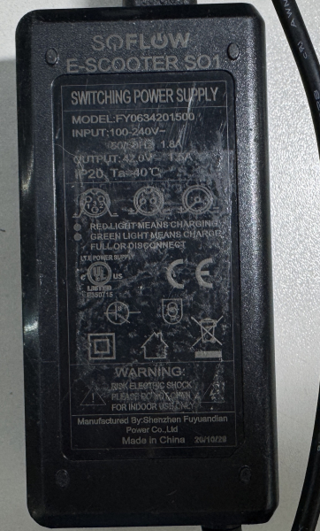 SoFlow E-Scooter SO1 FY0634201500 42V 1.5A power supply charger