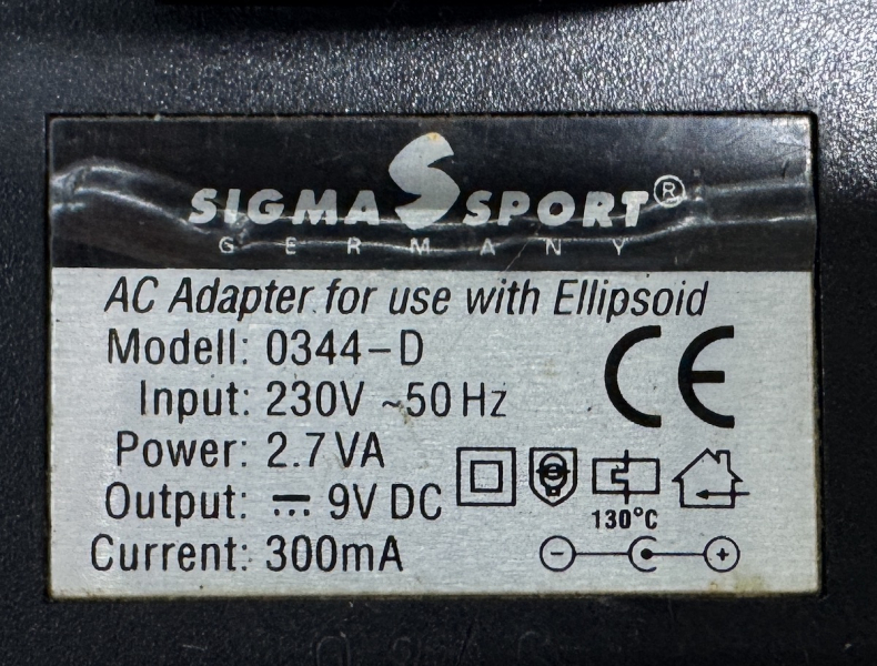 Sigma Sport 0344-D 230V 50Hz 2.7VA 9V DC 300mA AC Adaptor