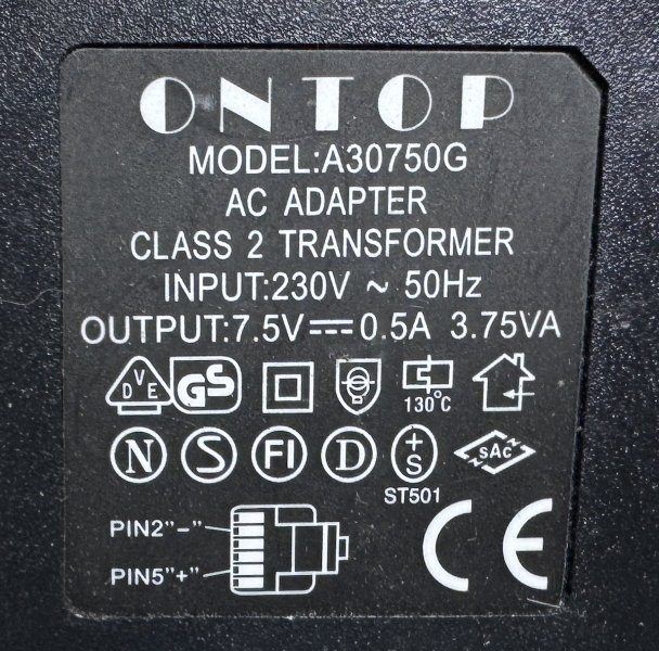 ONTOP A30750G AC Adapter Class 2 Transformer 230V 50Hz 7.5V 0.5A 3.75VA für B&O BeoCom 6000